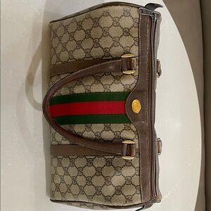 Vintage Gucci Tan and Brown Duffel Bag with Green and Red Stripe